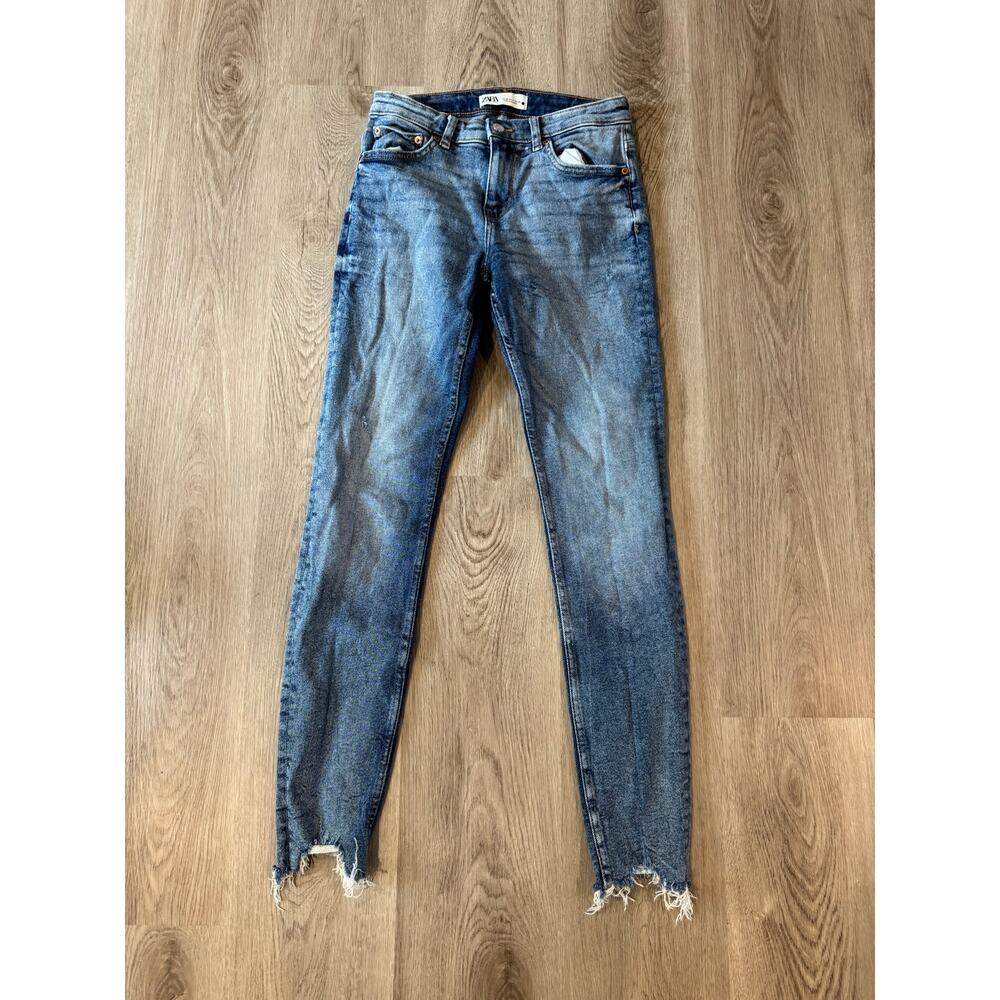 Zara Women's Mid-Rise Skinny Ankle Frayed Hem Jeans Fly Button Zip Blue Size 4